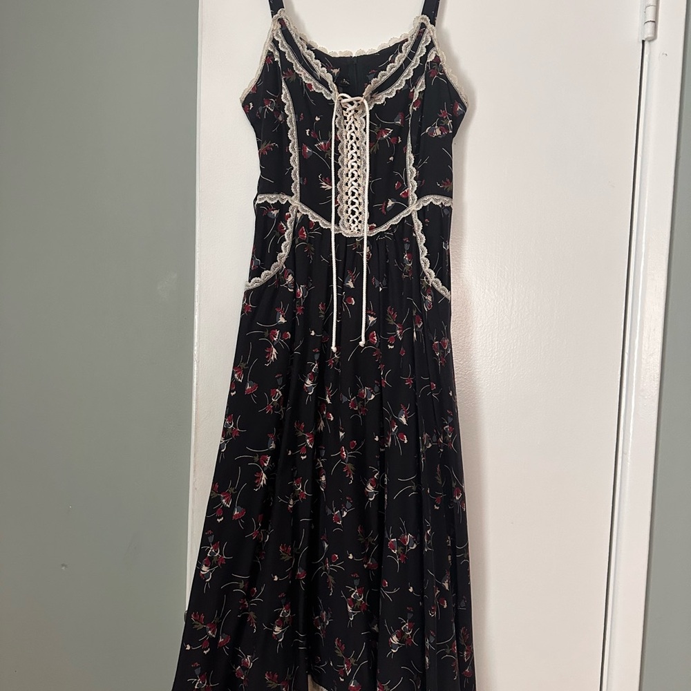 Gunne Sax Black Floral Dress with Lace Trim